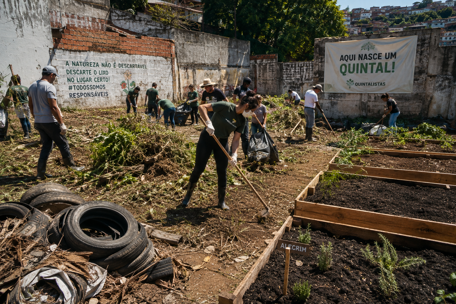 Mutirão limpando um terreno abandonado cheio de pneus e montando canteiros no lugar