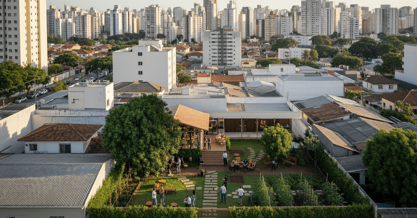 Bairro residencial visto de cima com quintais verdes