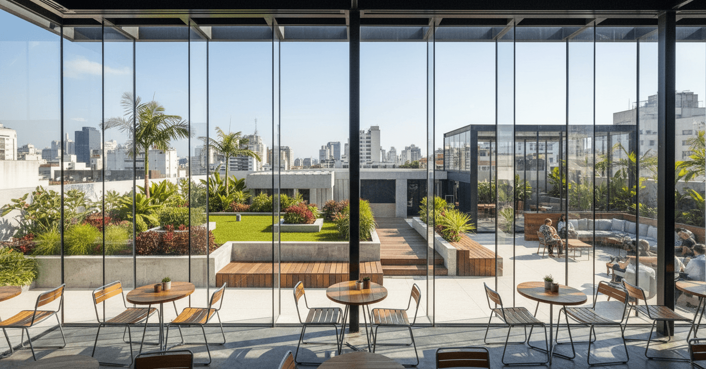 Varanda urbana com plantas e vista para a cidade