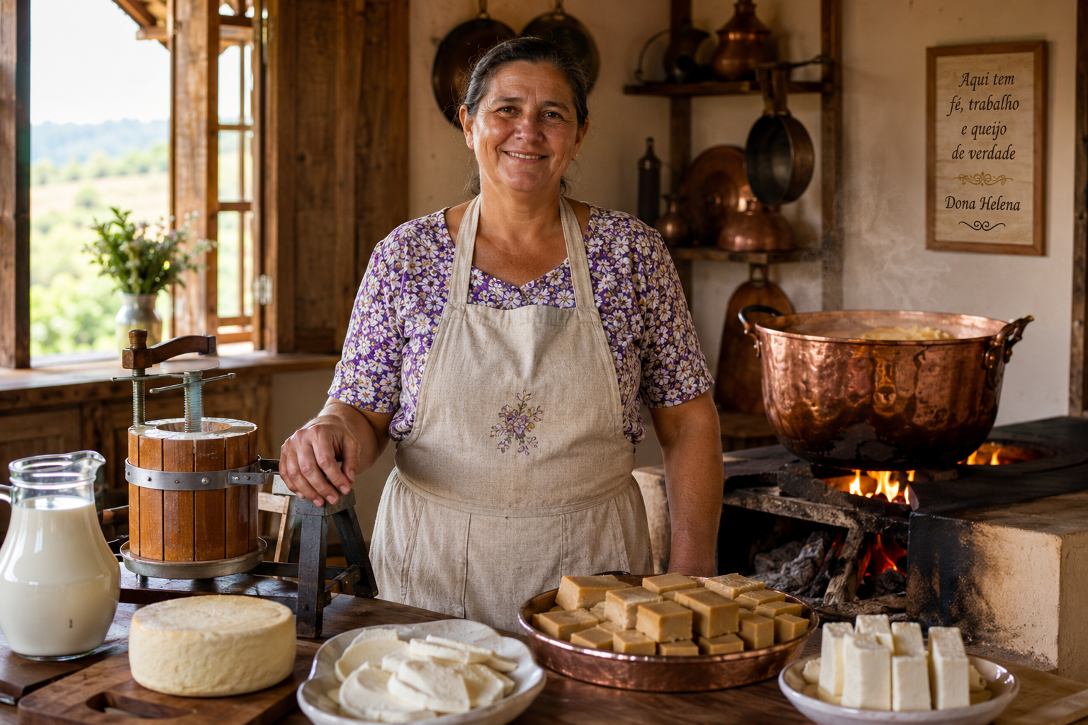 Dona Helena na cozinha, entre a prensa de queijo, o tacho de cobre no fogo e as peças prontas