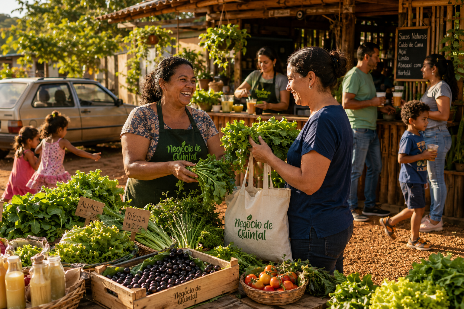 Feira de quintal: vendedora de avental Negócio de Quintal entregando alface a uma cliente
