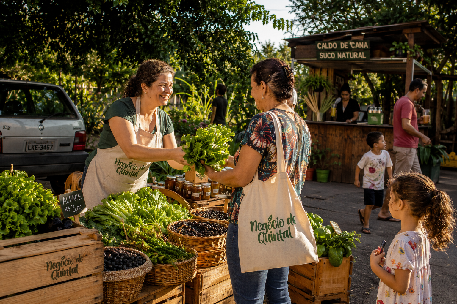Feira de quintal ao entardecer: vendedora de avental Negócio de Quintal entregando alface a uma cliente