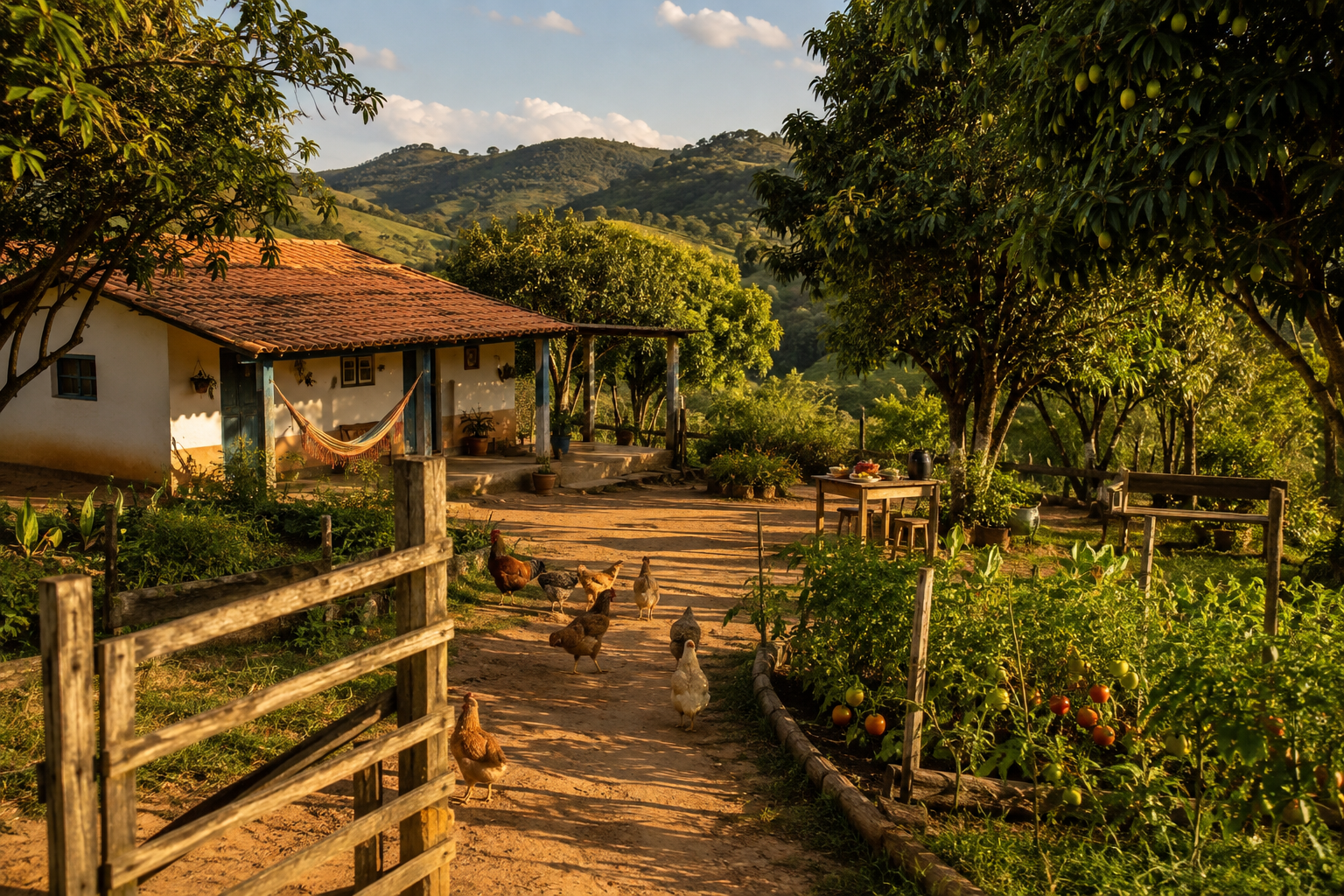 Casa de roça ao entardecer, com galinhas soltas no caminho de terra e horta ao lado