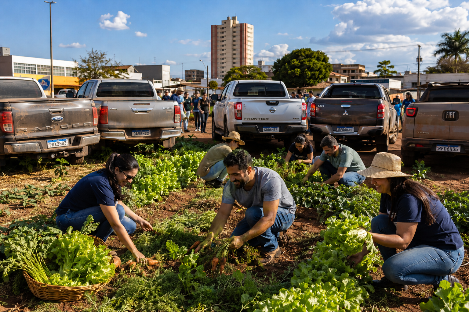 Mutirão de colheita em terreno urbano, com voluntários agachados entre os canteiros
