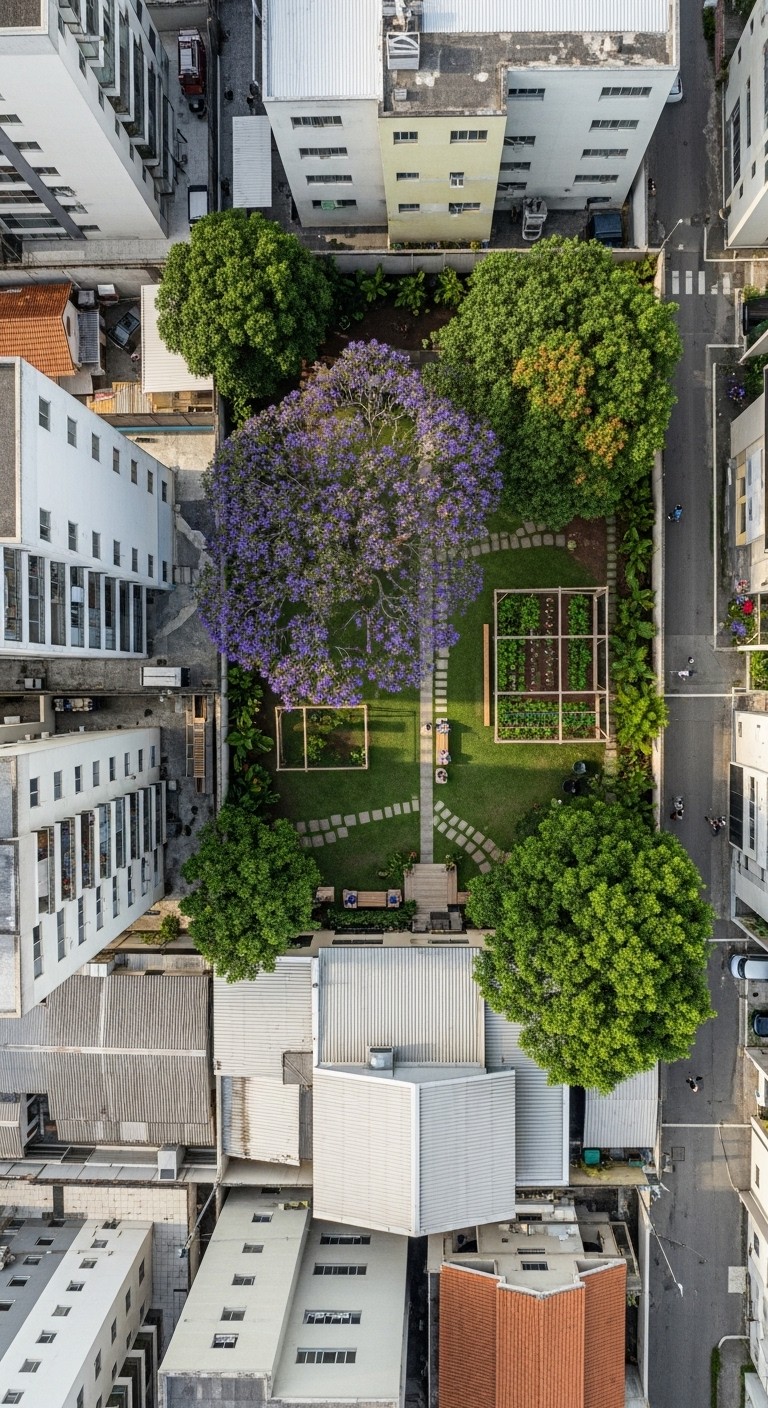 Vista aérea de um quarteirão urbano com árvores e canteiros