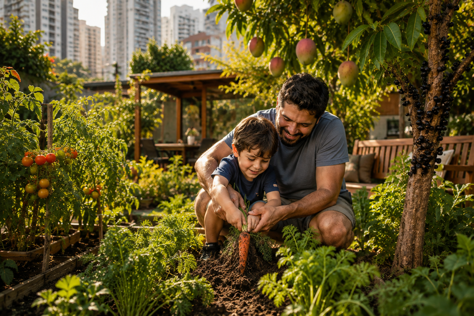 Pai e filho colhendo uma cenoura juntos no quintal, com a cidade ao fundo
